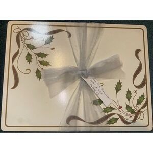 Lenox Holiday Holly Plaid Ribbon Cork Backed Placemats Set of 5 Christmas Cream